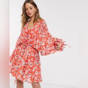 ASOS soft tiered mini dress with drawstring details in red poppy floral